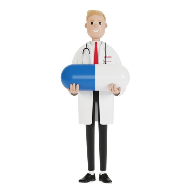 Male doctor with a big blue pill in his hands. 3D illustration in cartoon style.