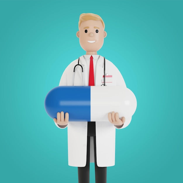 Photo male doctor with a big blue pill in his hands 3d illustration in cartoon style