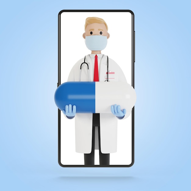 スマートフォンの画面に大きな青いタブレットを持つ男性医師。漫画風の3Dイラスト。