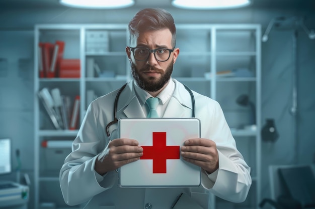 Male doctor with first aid sign in healthcare setting