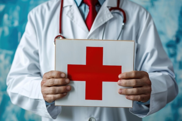 Male doctor with first aid symbol in healthcare setting