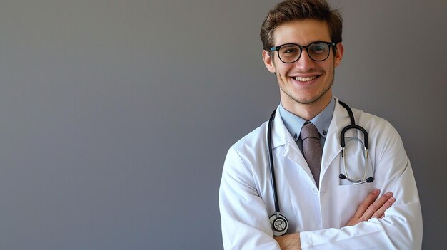 a male doctor with glasses and a stethoscope on his neck