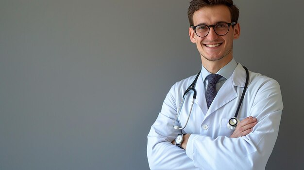 a male doctor with glasses and a stethoscope on his neck
