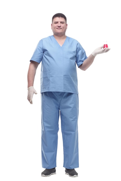 Male doctor with a laboratory flask in his hands