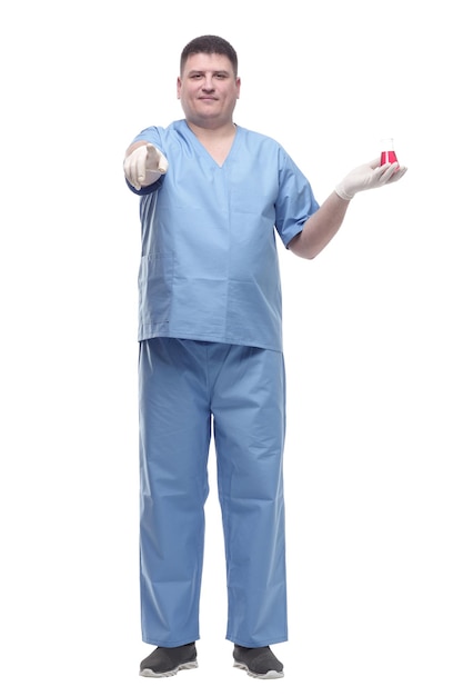 Male doctor with a laboratory flask in his hands