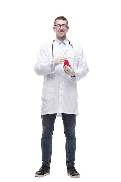 Male doctor with a laboratory flask isolated on a white