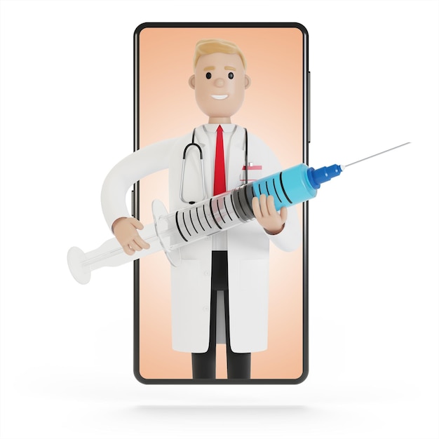 Male doctor with a large syringe in the smartphone screen. 3D illustration in cartoon style.