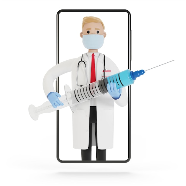 スマートフォンの画面に大きな注射器を持つ男性医師。漫画風の3Dイラスト。
