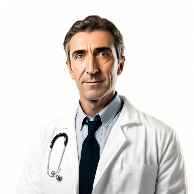 A male doctor with short hair wearing a lab coat and a smart look