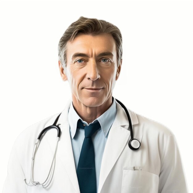A male doctor with short hair wearing a lab coat and a smart look