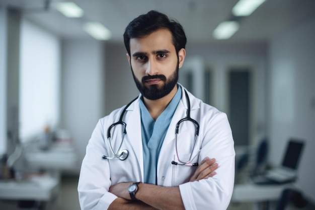 Male doctor with a stethoscope around his neck and a serious expression