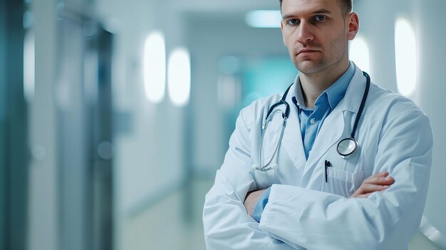 Photo a male doctor with a stethoscope on his neck stands in a hospital corridor