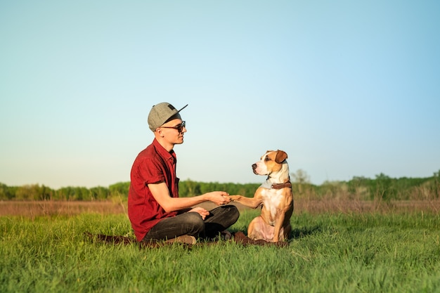 Male dog owner and trained staffordshire terrier giving paw at lawn