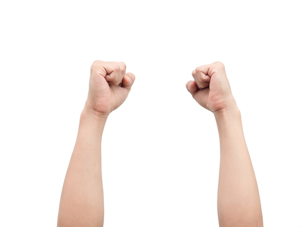 Male double fist up white isolated background