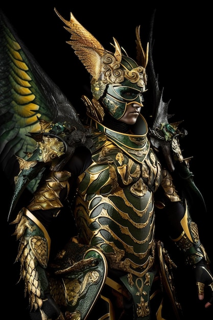 Фото Воин демона-дракона в зеленых и золотых доспехах