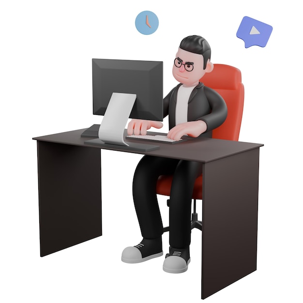 A male editor is sitting at his work desk with both hands operating the computer