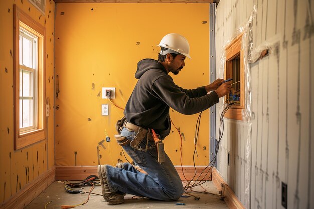 Photo male electrician assesses wall in construction