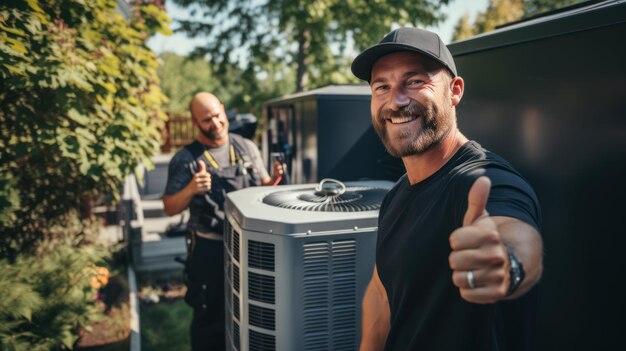 Photo a male electrician giving a thumbs up air conditioner repairman working from home