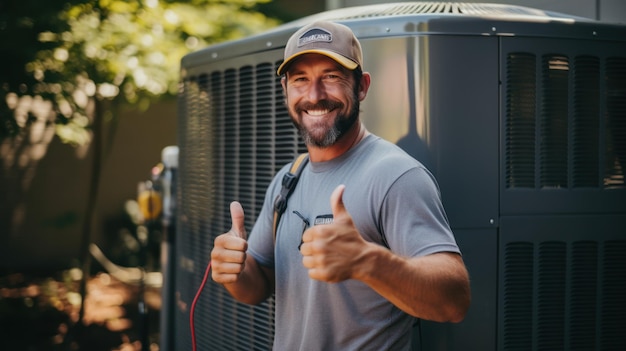 Photo a male electrician giving a thumbs up air conditioner repairman working from home