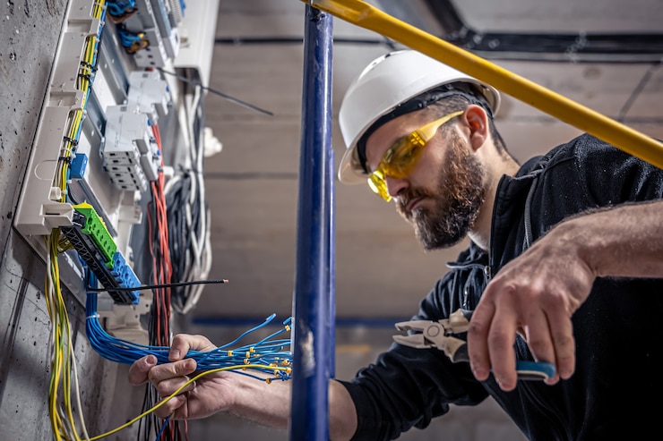 Photo a male electrician works in a switchboard with an electrical connecting cable.