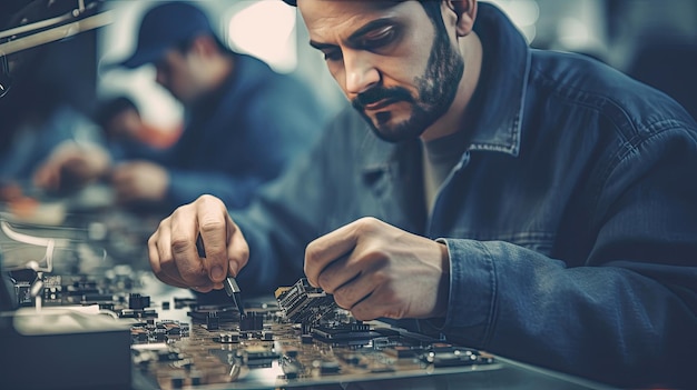 スマートフォンをスクリュードライバーで組み立てている男性の電子工場労働者 ハイテク工場施設で 背景の従業員が増えています