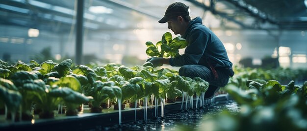 男性従業員が野菜の収を担当しています 成長ハイドロポニックシステム 現実的な生成AI