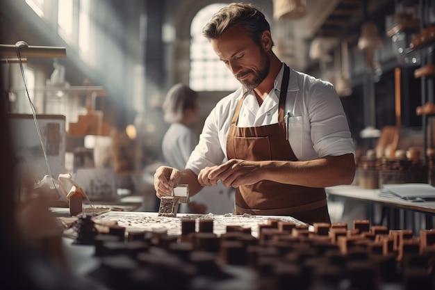 A male employee of a pastry shop makes sweet chocolates out of chocolate Work in a candy factory