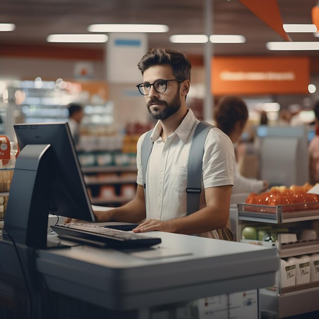 A male employee in a supermarket stands at the checkout and takes care of his customers