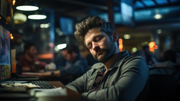 Male employee tired from workload and falling asleep at his desk at work