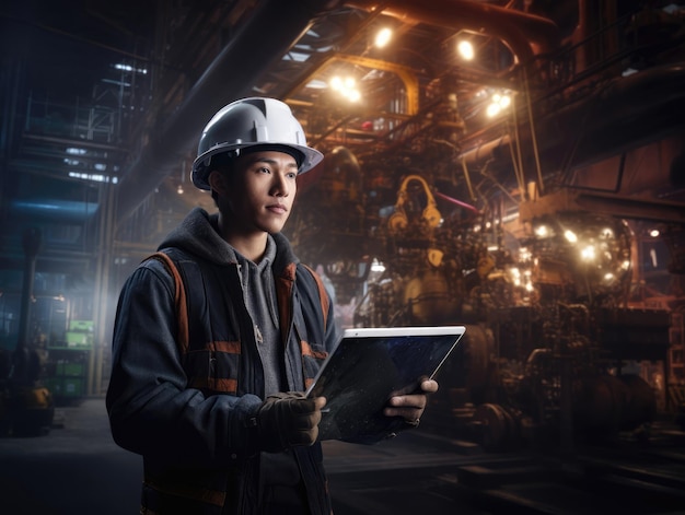 Foto ingegnere di aspetto asiatico che installa apparecchiature utilizzando un portatile in una fabbrica dell'industria pesante