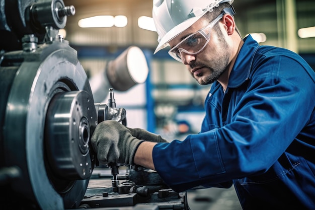 Male engineer in blue jumpsuit and white hard hat operating lathe machine