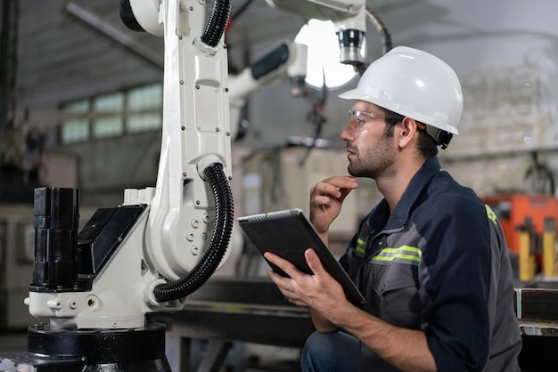 Male engineer checking and inspection control robot arm welding machine with tablet in factory