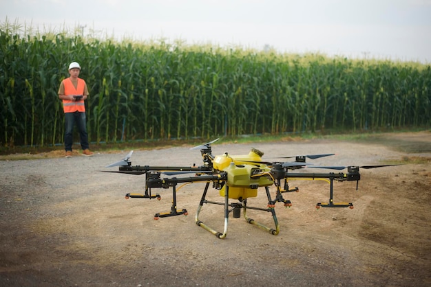 A male engineer controlling drone spraying fertilizer and pesticide over farmland