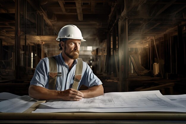 Male engineer in hard hat working on drawings during construction phase