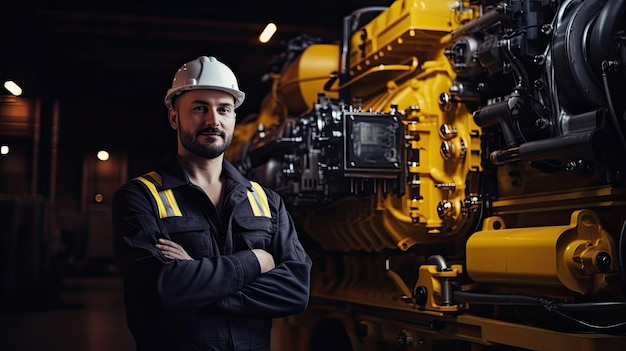 male engineer inspecting big machine in industrial factory