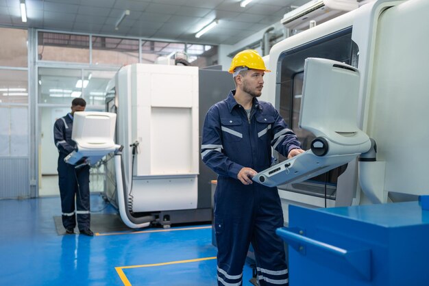 Инженер-мужчина, управляющий CNC-машиной на панели управления на заводе