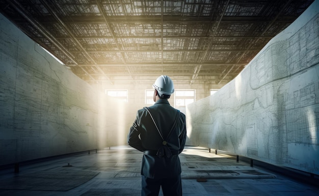 Мужчина-инженер, вид сзади Мужчина в каске стоит в помещении и смотрит на стены с планами и проектами здания Генеративный ИИ