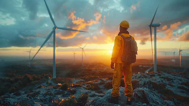 Male engineer standing over wind turbine background