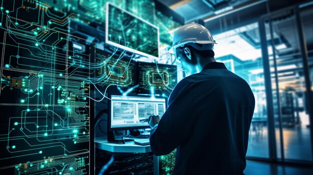 Photo male engineer in uniform wearing helmet in factory with robotic arm