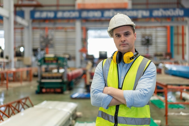 Male engineer wearing safety vest with white helmet standing arms crossed in factory