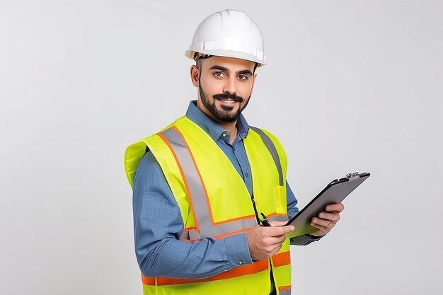 Photo male engineer with a safety vest and hardhat writing a on a clipboard and looking