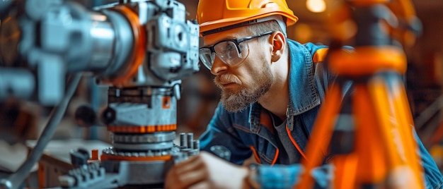 Male engineer working with a surveyor team and utilising laser levelling measurement equipment