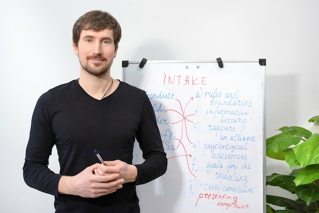 Male english teacher holds an online lesson with students