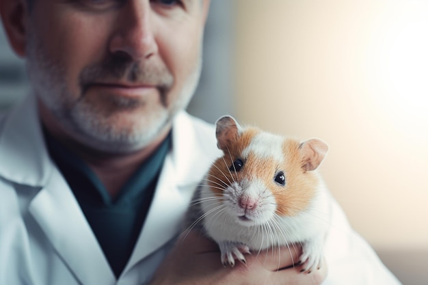 a male excotic pet vet holding a guinea pig bokeh style background