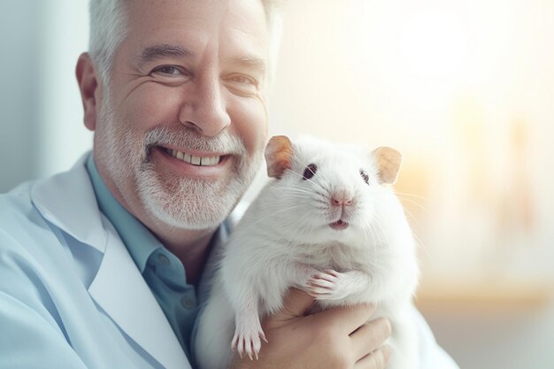 Photo a male excotic pet vet holding a guinea pig bokeh style background