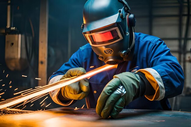 Male in face mask welds with argon arc welding