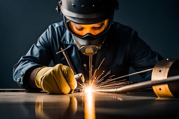 Male in face mask welds with argon arc welding