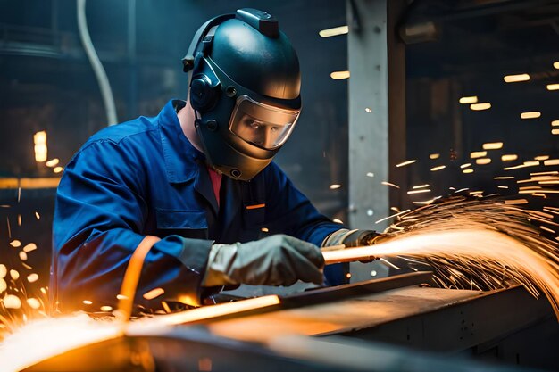 Male in face mask welds with argon arc welding