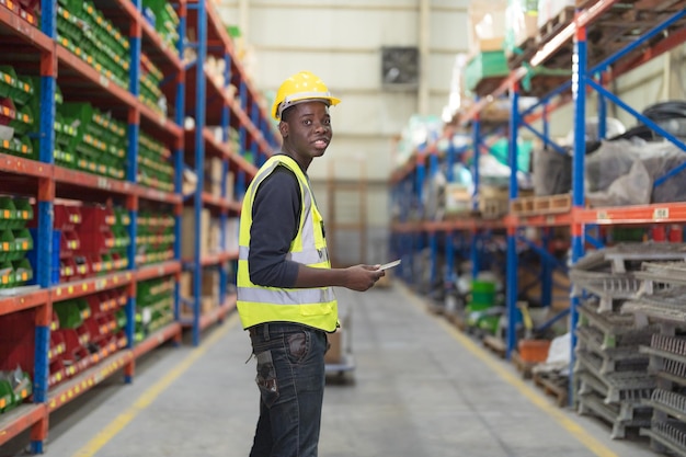 Male factory manager standing laptop