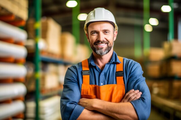 Male factory manager using digital tablet in warehouse shelf looking at cameraProducts and corrugat